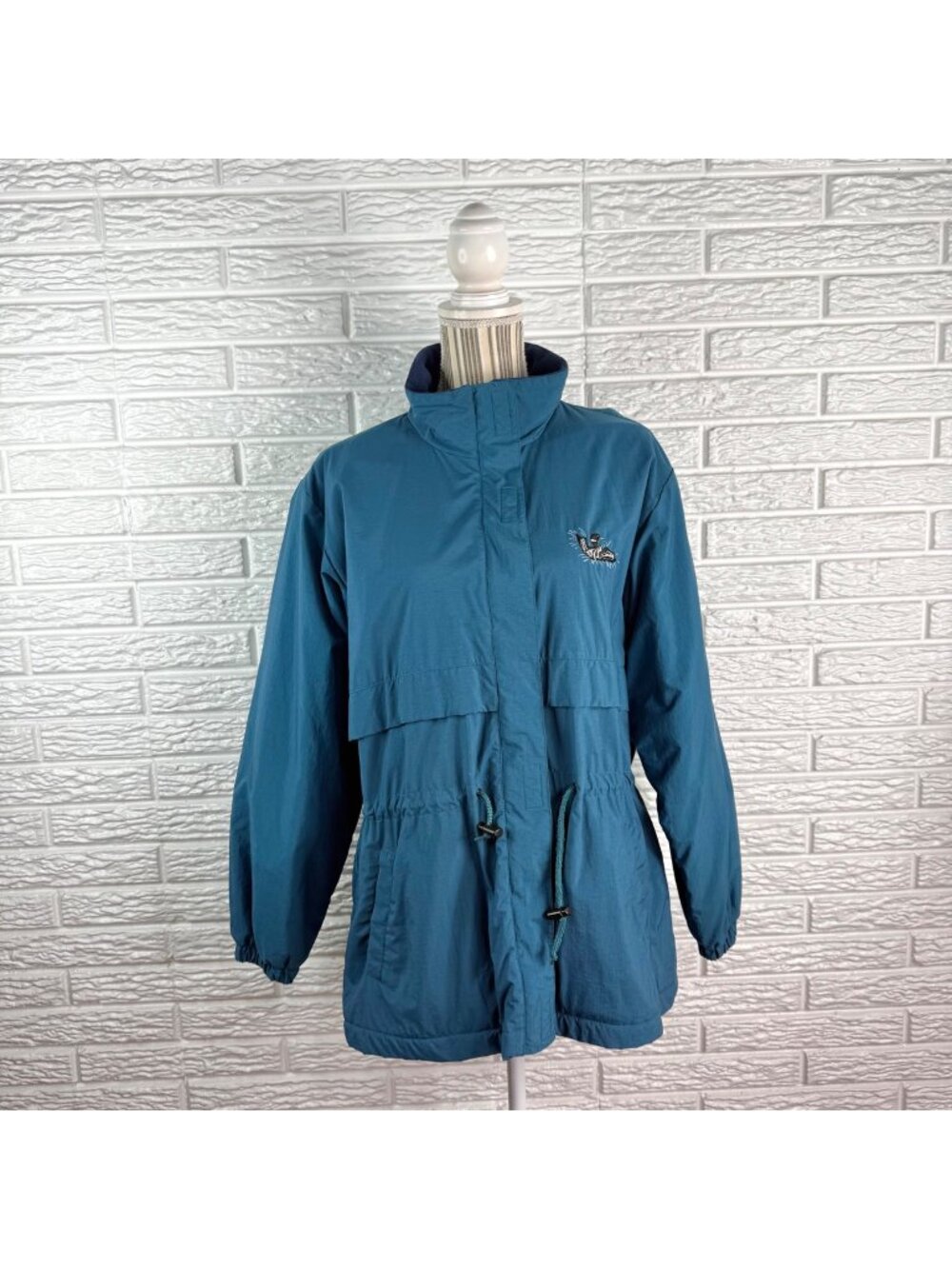 Vintage 90s Cabelas Blue Parka Coat High Neck Drawstring Waist Size Medium Duck